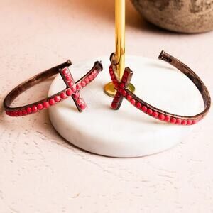 Coral Crystal Cross Coppertone Hoop Earrings